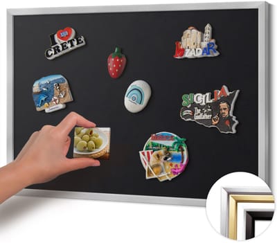Wallfluent - Zwart Magneetbord in Effen Kleuren - 60 cm x 40 cm - Magneetbord met Zilveren Frame - Zwarte kleur - Magnetisch Bord voor Magneten - Magneetbord voor Reissouvenirs - Magneetbord voor Foto's en Notities