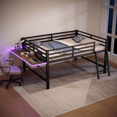 MIVRAY Hoogslaper 140x200 cm - Zonder Matras met Bureau, Ladder en Uitvalbeveiliging - Met LED Verlichting - Metaal - Zwart