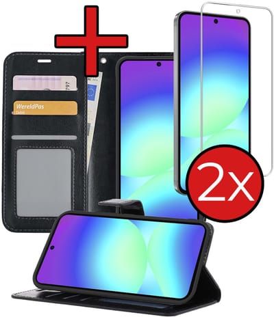 Hoesje - Met 2x Screenprotector - Geschikt voor Samsung Galaxy A56 - Luxe Pasjeshouder - Flip Case - Bookcase Portemonee - Kunstleer Book Case - Flipcase Hoes - Book Cover - Walletcase - Portemonneehoes - Telefoonhoes - Zwart