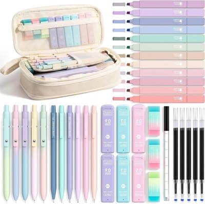 39-delige Schoolbenodigdheden Set met Etui, 12 Pastel Markers, 5 Gelpennen en 6 Drukpotloden voor Tienermeisjes, Aesthetic Schoolspullen en Leuke Accessoires