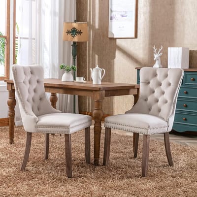 Luxe Capitonneerde Velvet Eetkamerstoelen Set van 2 met Hoge Rugleuning, Houten Poten en Rivet Details – 65x50x95 cm – Beige