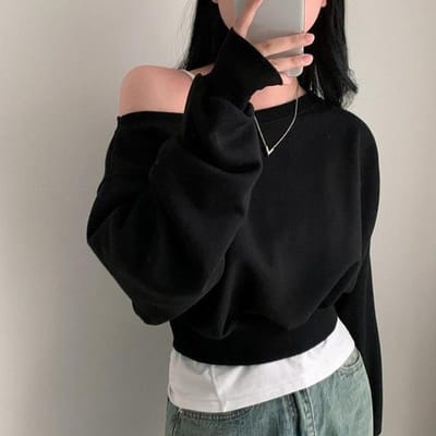 T-shirt de base uni fin, tempérament, col une longueur, épaules dénudées, ample et décontracté, haut pour femme, sweatshirt à manches courtes ou longues pour femmes One size noir