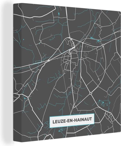 Canvas Schilderij Plattegrond – Leuze en Hainaut – Blauw – Stadskaart - Kaart - 20x20 cm - Wanddecoratie