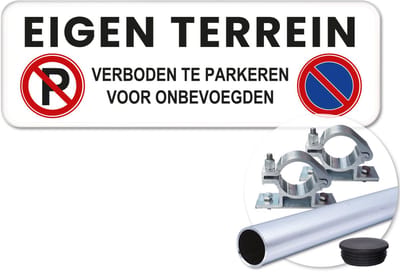 Parkeerbord Eigen Terrein - Weerbestendig Aluminium - 40x15 cm - Bevestiging: Met paal 120 cm + paalbeugels + paaldop