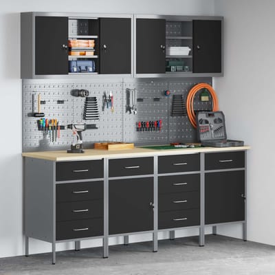 vidaXL - Werk - Cabinet - met - lade - 10 - st - Zwart - Engineered - hout - en - staal