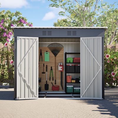 Tuinhuis – Metalen Gereedschapsschuur - Outdoor Tuinopslag - 242x126x182 cm - Met basisframe - Weerbestendig - Voor Achtertuin, Terras en Grasveld - Grijs