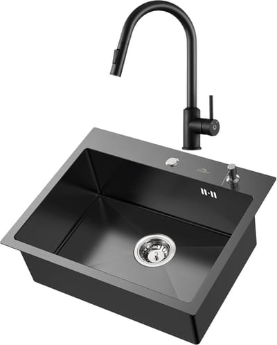 Auralum max Spoelbak Keuken 55 x 45 - Spoelbakken Keuken Met Keukenkraan – Spoelbak Met Kraangat – Spoelbak met Afdruipgedeelte - Antraciet