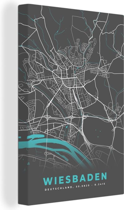 Canvas Schilderij Stadskaart – Plattegrond – Duitsland – Blauw – Wiesbaden – Kaart - 20x30 cm - Wanddecoratie