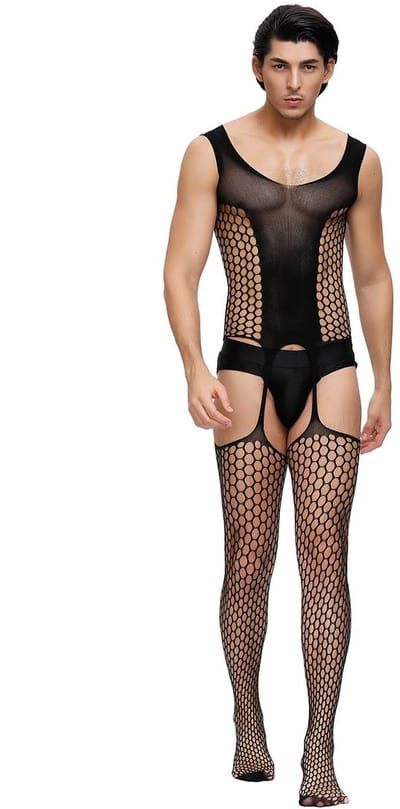 Zeloria Heren Bodystocking Visnet Catsuit – Transparante Heren Lingerie met Jarretel Look – Bodystocking voor Mannen – Mesh Stretch Bodysuit – Zwart – XS/M