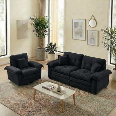 BLACKCOLORS 2-delige chenille bankstel: eenpersoonsbank + loveseat met dubbellaagse vulling en decoratieve kussens, diepe bank voor woonkamer, appartement, kantoor of lounge
