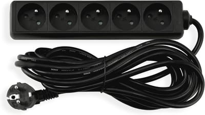 Stroomverlengkabel 5 meter met 5x 230V stopcontacten - Platte stekker - IP20 Bescherming - Zwart