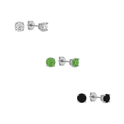 New Bling 9SIL-SET0037 Zilveren Zirkonia Oorknoppen Set 4mm Wit Groen Zwart Earparty - Rhodium - Zilver