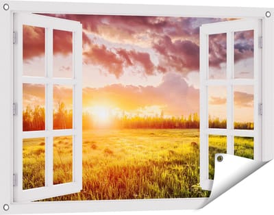 Gards Tuinposter Doorkijk Zonsopkomst in het Veld - 90x60 cm - Tuindoek - Tuindecoratie - Wanddecoratie buiten - Tuinschilderij
