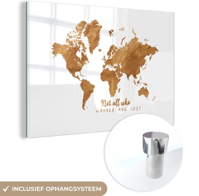 ® Glasschilderij 60x40 cm - Schilderij acrylglas - Wereldkaart - Brons - Touw - Foto op glas - Muurdecoratie woonkamer - Wanddecoratie slaapkamer - Schilderijen