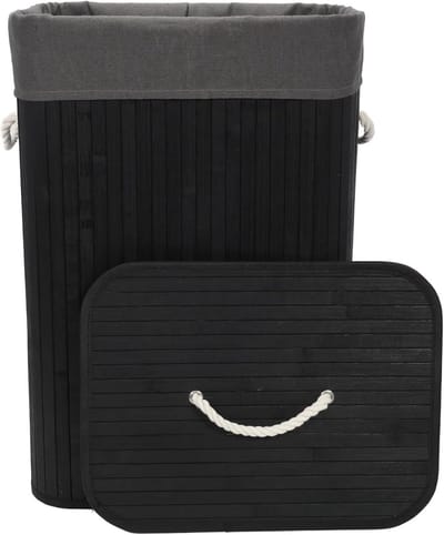 Bamboe wasmand 80 liter zwart met deksel en uitneembare waszak