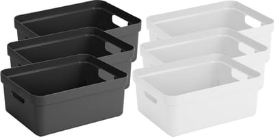 Set van 6x stuks opbergboxen/opbergmanden 24 liter kunststof antraciet en wit - Formaat per box: 45,3 x 35,4 x 18,3 cm