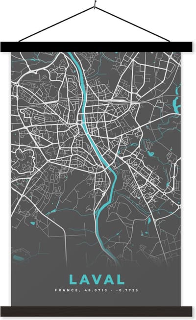 Posterhanger incl. Poster 40x60 cm - Schoolplaat - Laval - Frankrijk - Kaart - Stadskaart - Plattegrond - Textielposter - Zwarte latten - Stadskaart
