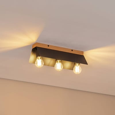 Lamkur Esme plafondlamp, zwart, lengte 40 cm, metaal/hout, 3-lamps.