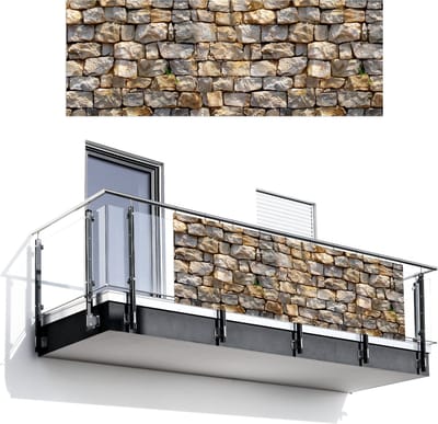 Balkonscherm 300x110 cm - Balkonposter Stenen - Beige - Grijs - Planten - Balkon scherm decoratie - Balkonschermen - Balkondoek zonnescherm