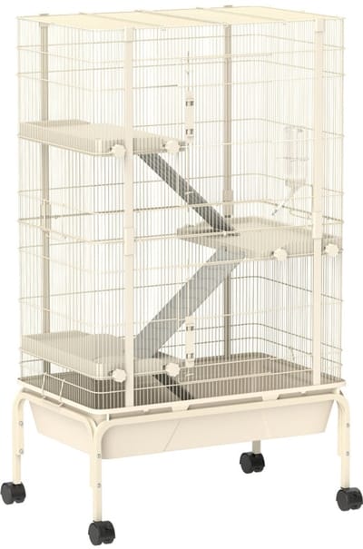 Merax Grote Knaagdierkooi 4 Verdiepingen - Op Wielen met Rem - Met Platforms en Rampen - Met Voerbak en Drinkfles - 69x44x120 cm - Beige
