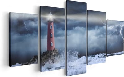 Artaza Canvas Schilderij Vijfluik Vuurtoren op een Storm Zee met Golfen Water - 100x50 - Foto Op Canvas - Canvas Print