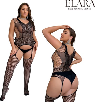 Elara - Mirella Plus Size - Bodystocking Erotische Lingerie met Open Kruis - Catsuit - L t/m XXL - Sexy Dames Lingerie - Bodysuit