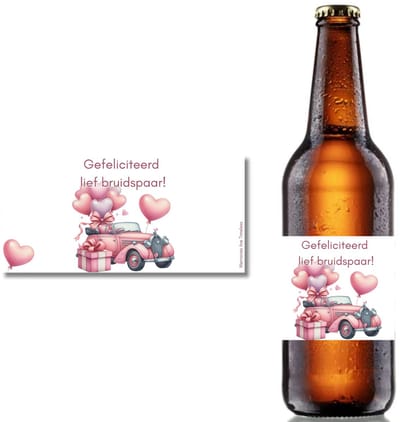 Bieretiket Huwelijk – Gefeliciteerd Lief Bruidspaar – Roze Trouwauto – 18,5 x 9 cm - Etiket