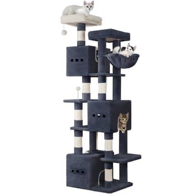 Kattenboom – Voor Binnenkatten – 193 cm Grote Kattenkrabpaal met 2 Platforms, 3 Huisjes en 7 Krabpalen – Grijs