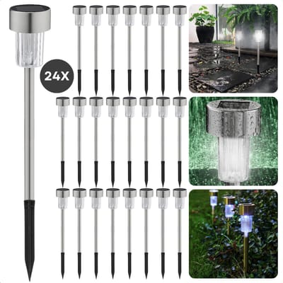 Cheqo® RVS Solar Prikspots - Tuinverlichting - Grondspot - Tuinlampen - Tuinspots - LED Verlichting - Set van 24 - Zonne-energie