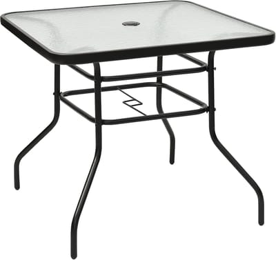KOMFOTTEU tuintafel vierkant - bijzettafel met paraplugat - bistrotafel met glasplaat - eettafel tot 80 kg belastbaar - voor balkon, terras en tuin - 80 x 80 x 71 cm
