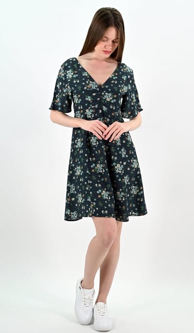 YesMooi - Mini Jurk met Bloemenprint - V-hals en Open Rug - S (36) - Donkergroen | Blauw | Oranje
