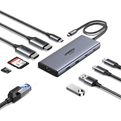 UGREEN USB-C 10-in-1 adapter/hub, 2x HDMI-poorten, 2x USB-poorten, RJ45-netwerkaansluiting, SD/TF-kaartsleuf, PD 100W snelladen, CM639