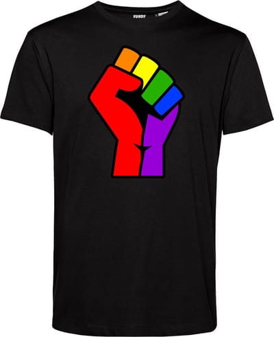 T-shirt Regenboog Vuist | Gay pride shirt kleding | Regenboog kleuren | LGBTQ | Zwart | maat XS