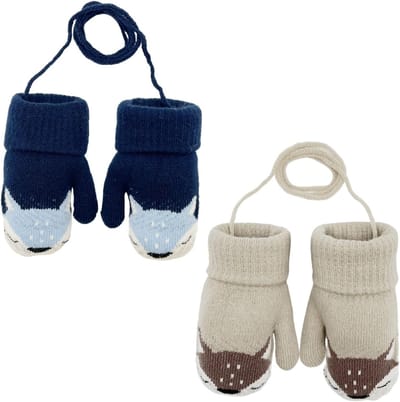 2 Pairs Winter Knitted Mittens voor Babyjongens en Meisjes, Schattige Fox Fleece Gevoerde Handschoenen met Nekkoord voor Peuters van 1-3 Jaar