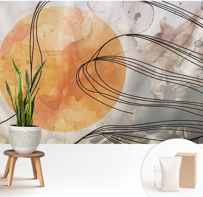 Wallfluent Behang - Harmonieuze abstractie Muurbehang - 208x146 cm - Oranje Behang - Voor natuurliefhebbers en liefhebbers van subtiele decoratieve motieven - Behang Voor de slaapkamer, woonkamer en hal - Wanddecoratie Abstractie