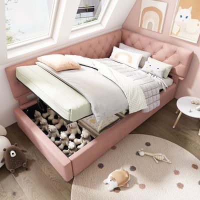 Sweiko Slaapbank - 90x200cm - met hydraulische opbergruimte - Velvet - zonder matras - Roze