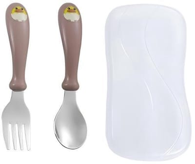 Driedelige kinderservies set - lepel, vork - roestvrij staal - plastic handvat - schattig kuikentje patroon