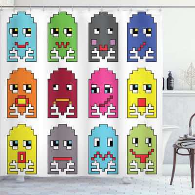 New Bed, Videogame Vintage Cartoon 90's, Douchegordijn Badkamer Decor Set met Haakjes, 180 cm B 200 cm L