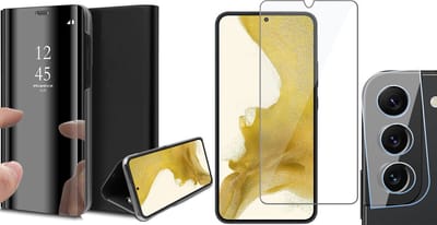 Hoesje geschikt voor Samsung Galaxy S22 Plus - Book Case Spiegel Wallet Cover Hoes Zwart - Tempered Glass Screenprotector - Camera Lens Protector