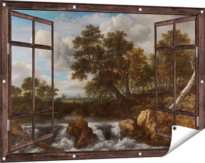 Gards Tuinposter Doorkijk Landschap met Waterval - Jacob van Ruisdael - 120x80 cm - Tuindoek - Tuindecoratie - Wanddecoratie buiten - Tuinschilderij