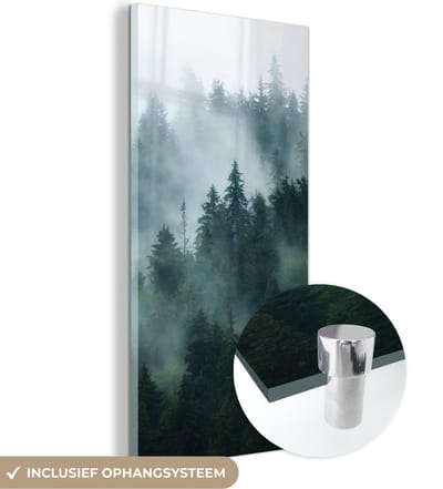 MuchoWow® Glasschilderij 20x40 cm - Schilderij acrylglas - Mist - Bomen - Bos - Foto op glas - Schilderijen