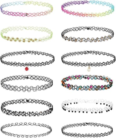 Set van 12 Elastische Hondenhalsbanden, Modieuze Tattoo Halsbanden, Stretch Ketten voor Dames en Meisjes, Perfect voor Dagelijks Gebruik, Verstelbare Maat, Duurzaam en Comfortabel