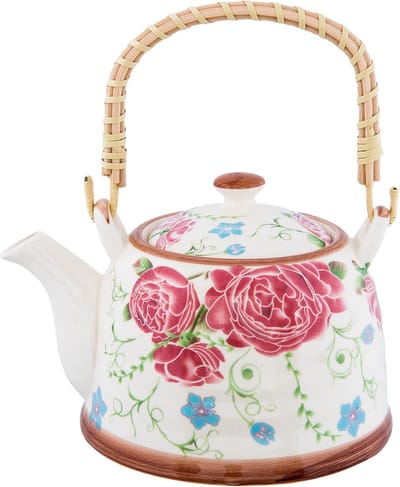 Clayre & Eef Theepot met Filter 700 ml Beige Roze Keramiek Bloemen