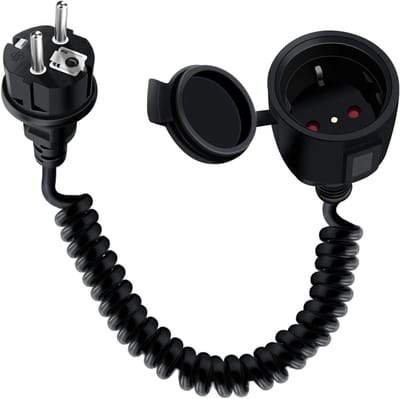 Schuko verlengkabel - Spiraalkabel stroom - Veilige stroomvoorziening - IP44 spatwaterdicht - 1.5 meter - Zwart
