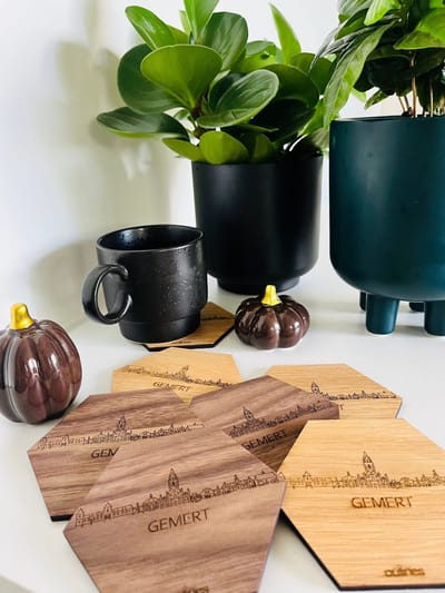 5x Onderzetters Skyline van Gemert - 10x9cm - Notenhout