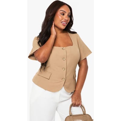 boohoo Dames Plus Blazer met vierkante hals, getailleerde taille en korte mouwen | Taupe | Maat: 28
