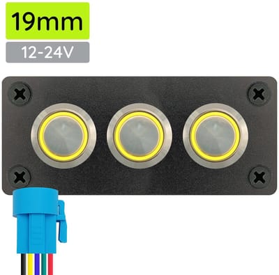 ProRide Metalen drukschakelaars in Drievoudig inbouwpaneel 12-24V ON-OFF - 19mm - IP67 - LED indicatie Geel