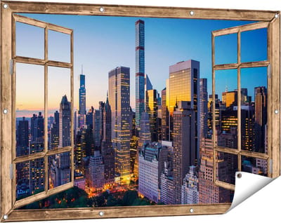 Gards Tuinposter Doorkijk New York bij Zonsopgang - 120x80 cm - Tuindoek - Tuindecoratie - Wanddecoratie buiten - Tuinschilderij