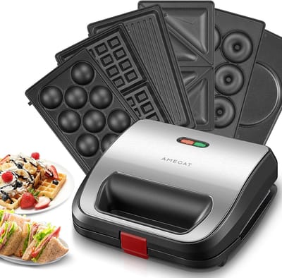 Wafelijzer Multifunctioneel - Contactgrill Panini - Snelle Maaltijden - Zes Bakplaten - 750 Watt - Staal