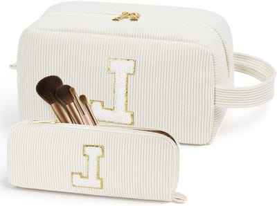 Reis Make-up Tas met 3D Letter, Inclusief Grote Organizer met Handvat, Borstel Etui en Toilettas voor Vrouwen, Beige, Ideaal voor Cosmetica en Toilettasjes